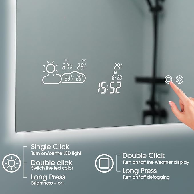 BYECOLD Smart Bathroom Mirror with Bluetooth 36”X 24” WiFi Enabled Weather Display, Fog Free, Backlit Frameless Brightness Adjust, Memory Function Touch Sensor - Horizontally Only