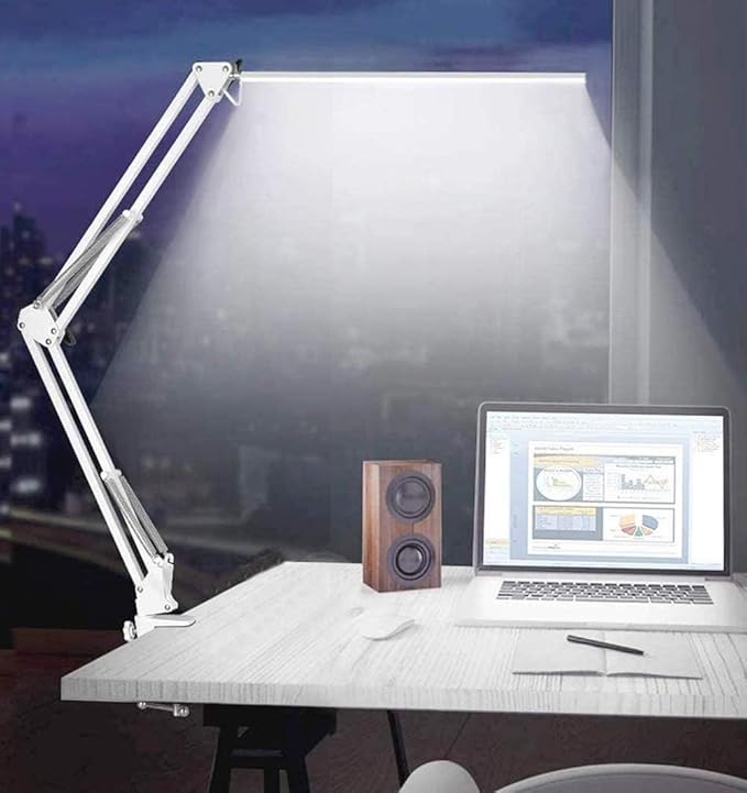 AVIMYA LED Desk Lamp,Adjustable Swing Arm Desk Lamp with Clamp,Dimmable Desk Light Eye-Care Table Light, Memory Function, 5 Color Modes, 7-Level Brightness Table Lamp for Home, Office, Study, Reading
