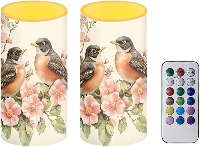 Robin Bird Flameless Candles 2 Pack 6 x 3 inch Battery Operated Candles with Multicolor Timer Remote Control LED Fake Candles for Warm Light Dinner Table Home Decor