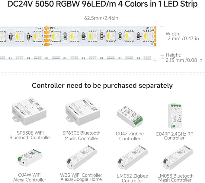 BTF-LIGHTING 5050 RGBW RGB+Cool White(6000K-7000K) 4 Colors in 1 LED 5m 16.4ft 96LED/m DC24V Multi-Colored LED Tape Lights IP30 Non-Waterproof Wihte PCB for Home Decoration(No Adapter or Controller)