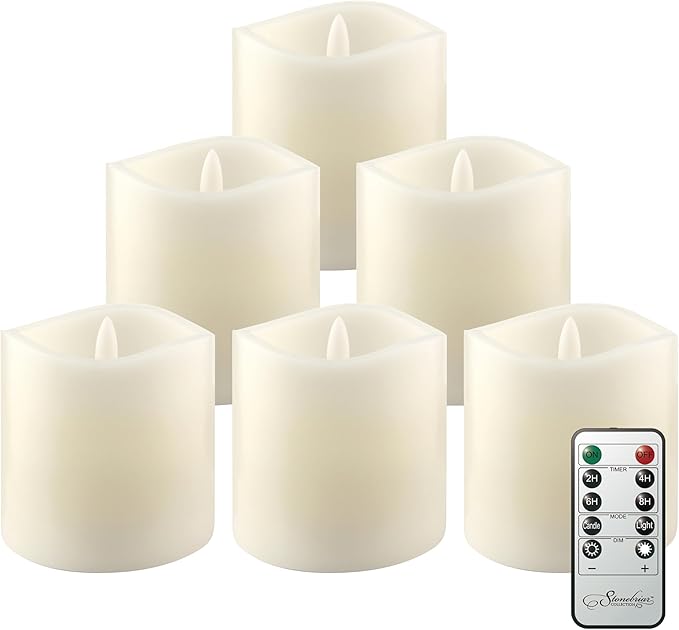 Stonebriar 6 Count Ivory Real Wax 3x3 Flameless LED Pillar Candles with Remote and Timer