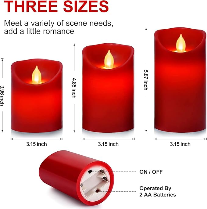 Nancia Flameless Battery Operated Flickering Candles:3PACK Red Real Wax Pillar Candle,Electric LED Candle with 10-Key Remote Control and 24 Hours Timer for Home Decoration Holiday Party
