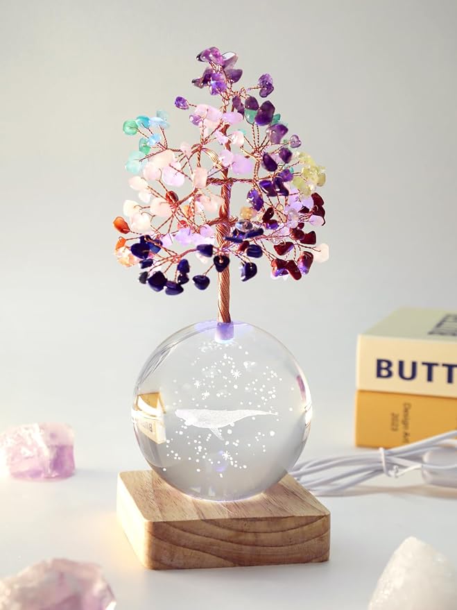 Crystal Tree of Life, 7 Chakra Healing Tree with Multicolor Night Light for Home Decor, Office Desk Decor, Birthday Gift for Women, Christmas, Thanksgiving (3D Whale)