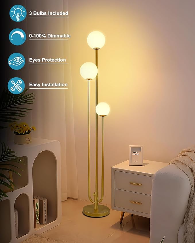 Lightdot 63IN Gold Floor Lamp Dimmable 3-Lights Globe LED Floor Lamps with Bulbs Included for Wedding/Party Candle Holder Style Tall Standing Lamp for Living Room/Bedroom/Sofa Beside/Corner Decor