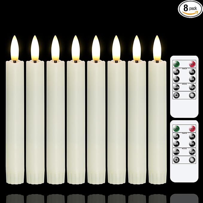 Battery Operated Flameless Taper Candles with Two Remote Timer, 6.4" LED 3D-Wick Window Candles, Flickering Long-Lasting Warm Light Electric Pack of 8 Flameless Candlesticks (0.78" Dia, Ivory)