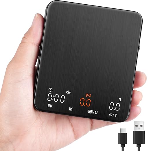 TIPRE Mini Espresso Coffee Scale with Timer & Flow Rate, 2kg/0.1g Precision Digital Coffee Scale, Portable Espresso Scale Rechargeable via USB-C, Triple Brew Modes, LED Display, Mute Mode, g/oz/lb:oz
