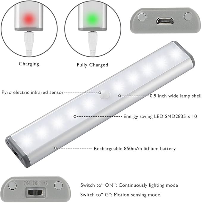 Stick-on Anywhere Portable Little Light Wireless LED Under Cabinet Lights 10-LED Motion Sensor Activated Night Light Build in Rechargeable Battery Magnetic Tap Lights for Closet, Cabinet