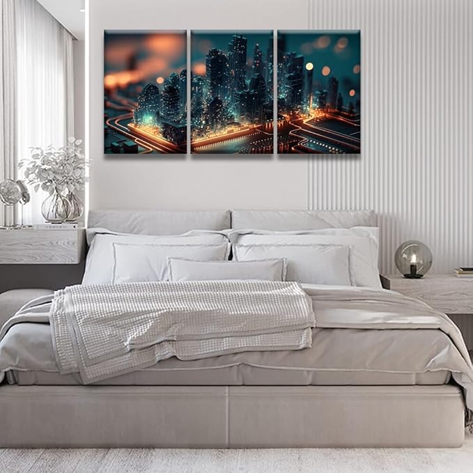 LSIUHWUWI Wall Art for Living Room 3 Panel Smart City on Circuit Board Pictures Posters Contemporary Wall Decor for Home Office Hotel Wall Wooden Framed Ready to Hang 16x24inchx3