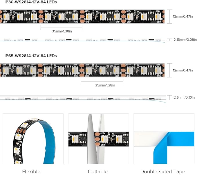 BTF-LIGHTING WS2814 IC RGBW RGB+Warm White(Similar WS2812B) Addressable DC12V 16.4FT 84LED/m 28pixel/m 4 Colors in 1 Dream Color LED Strip 12mm Width PCB IP30 for Home Decor(No Adapter or Controller)