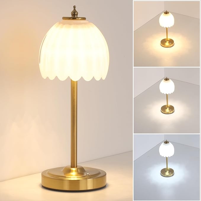 Tulip Table Lamp with 5000mAh Battery & Touch Control, Cordless Table Lamp with 3 Colors, Dimmable Rechargeable Table Lamps for Bedroom, Nightstands, Living Room, Entryways (White Tulip)