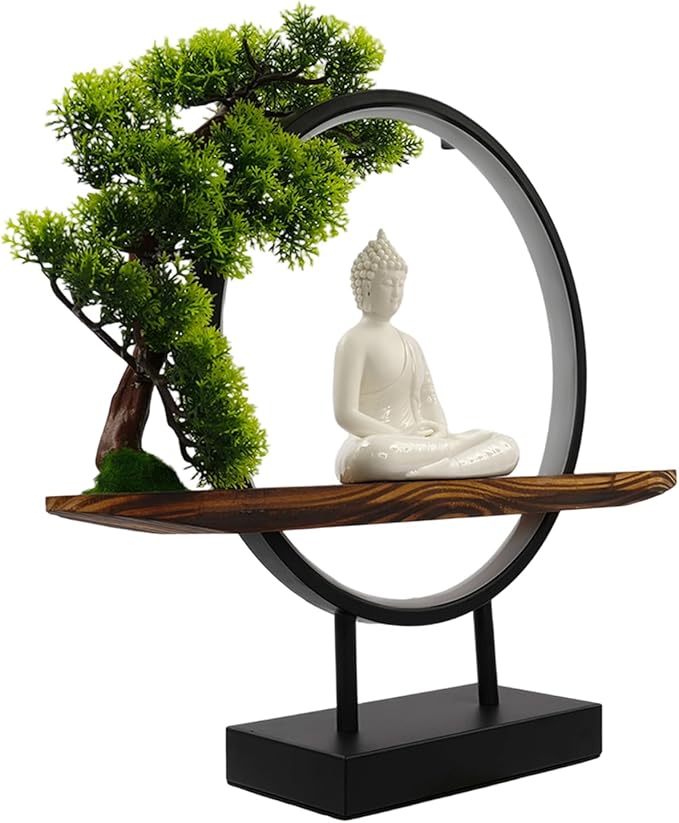 Buddha Statue Lamp with LED Light, 16.5in Zen Decor for Office Desk, Mindfulness Gift for Meditation Space, Indoor Home Decor Figurine with Artificial Tree