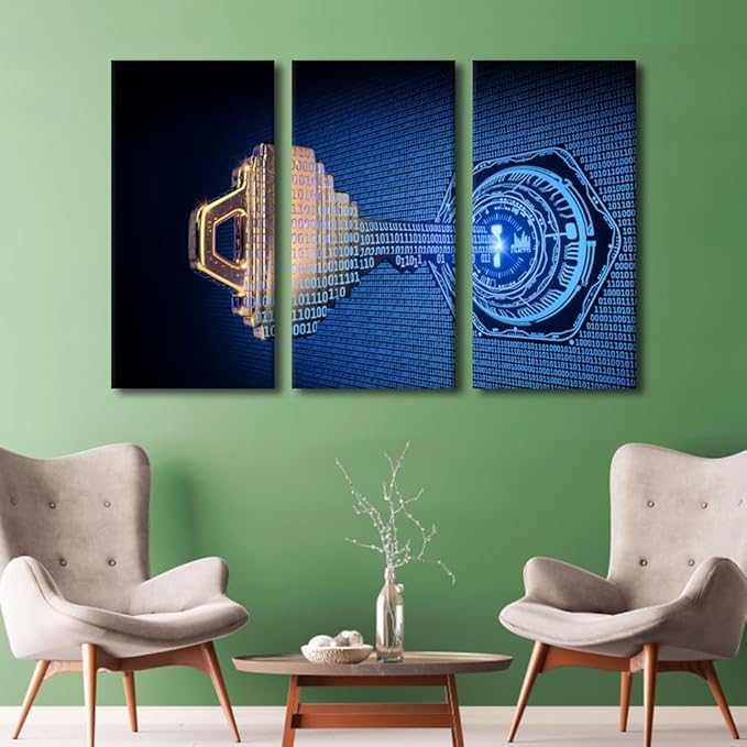 3 Panel Canvas Wall Art A Key Formed from Binary Code Goes Into an Abstract Lock Pictures Posters, Cybersecurity Artwork Wooden Framed Gallery-Wrapped Ready to Hang, 42" Wx28 H
