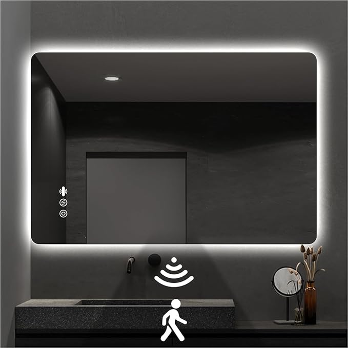 40 x 32 LED Bathroom Mirror, Frameless Rounded Corner Rectangle Backlit Mirror Bathroom, Anti-Fog, 3-Color Stepless Dimmable Lighted Mirror, Motion Sensor Lights, Memory Function