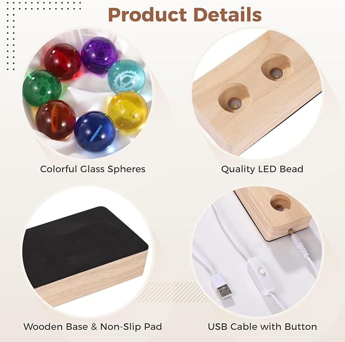 Meditation Decor with 7 Spheres, Led Wooden Stand, 1.5 Crystal Balls Set, Geometric Carvings, Colorful Night Light, Home Or Office