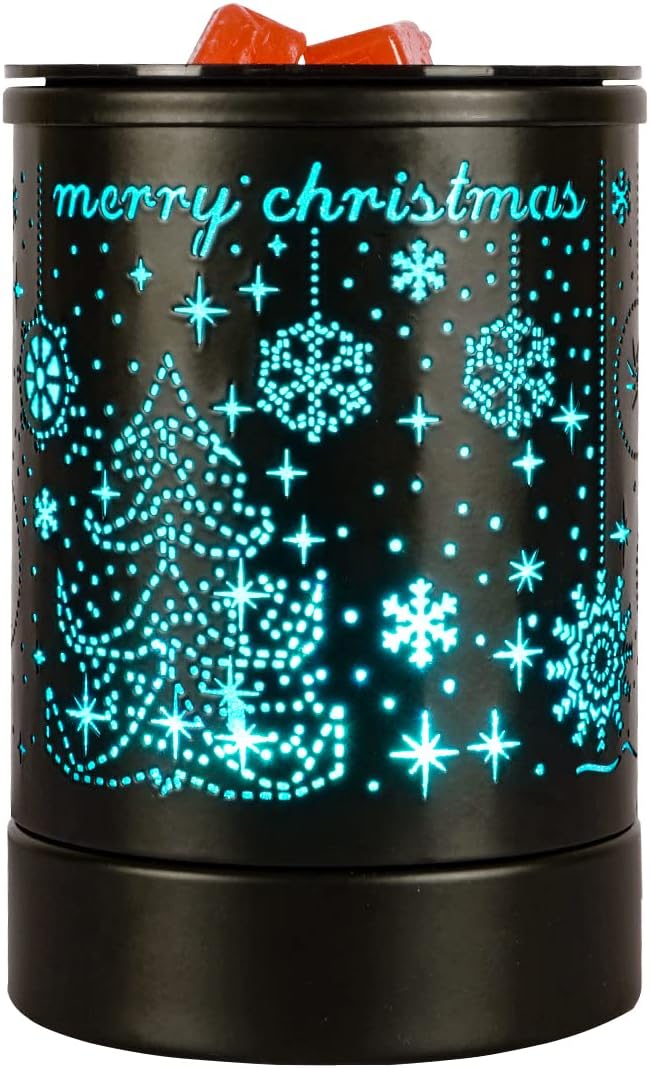 Fragrance Wax Melts Warmer with 7 Colors LED Changing Light Classic Black Forest Design Scent Oil Candle Warmer for Home Black Christmas