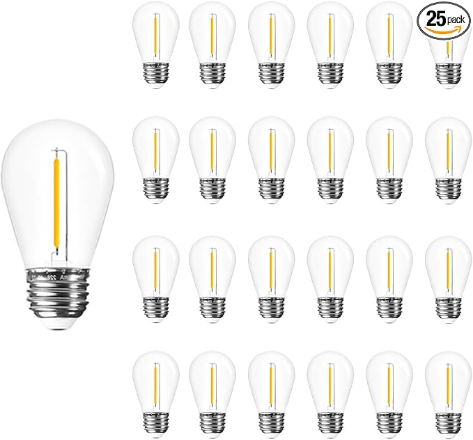 Jslinter 25 Pack Edison Bulb String Lights Outdoor, S14 Replacement Bulbs for Outdoor String Lights Waterproof 1W, E26 Base Led Light Bulb, 2700K Warm White Light Bulbs for Patio