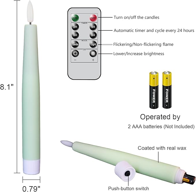 Green Flameless Taper Candles, Spring LED Flickering Taper Candles Battery Operated with Remote Timer, 4 Pcs Flameless Candlesticks for Spring Wedding Home Decorations(D0.78” x H8.1”)