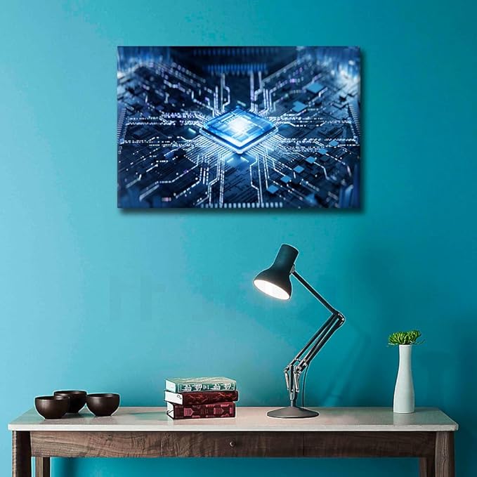 TUMOVO Digital Age Canvas Paintings CPU Concept Bedroom Wall Art Computer Chip Contemporary Home Decor AI Bathroom Decor Wall Art Modern Artwork Ready to Hang for Living Room Office, 36x24in