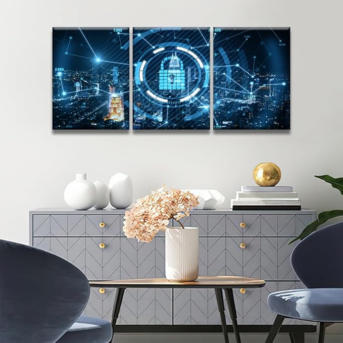LSIUHWUWI 3 Piece Blue Keylock Hologram with Dark Night City View Pictures Print On Canvas Wall Art for Bedroom Living Room Decoration,Cloud Services Artwork Wooden Framed Ready to Hang, 12x16inchx3