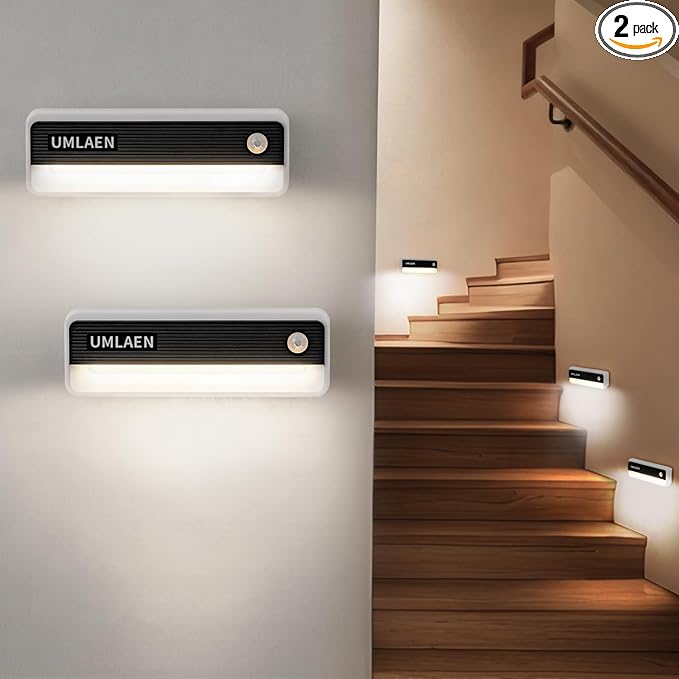 2 Pack Motion Sensor Lights Indoor, 1800mAh Rechargeable Motion Activated Night Light, 3 Colors | 2 Modes Stick On Lights for Stairway, Stair, Bedroom, Hallway, Kitchen, Cabinet, Closet