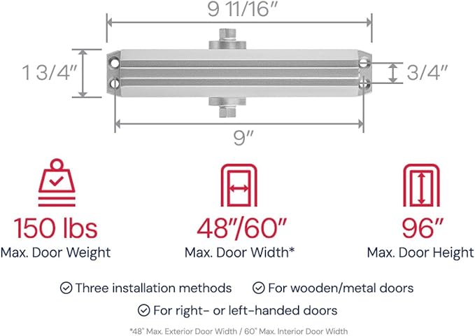 Lawrence Medium/Heavy Duty Door Closer Commercial Grade 1 - Surface-Mounted Commercial Automatic Door Closer with Adjustable 6-Speed Control and 3 Valves - Embassy Series LH5016