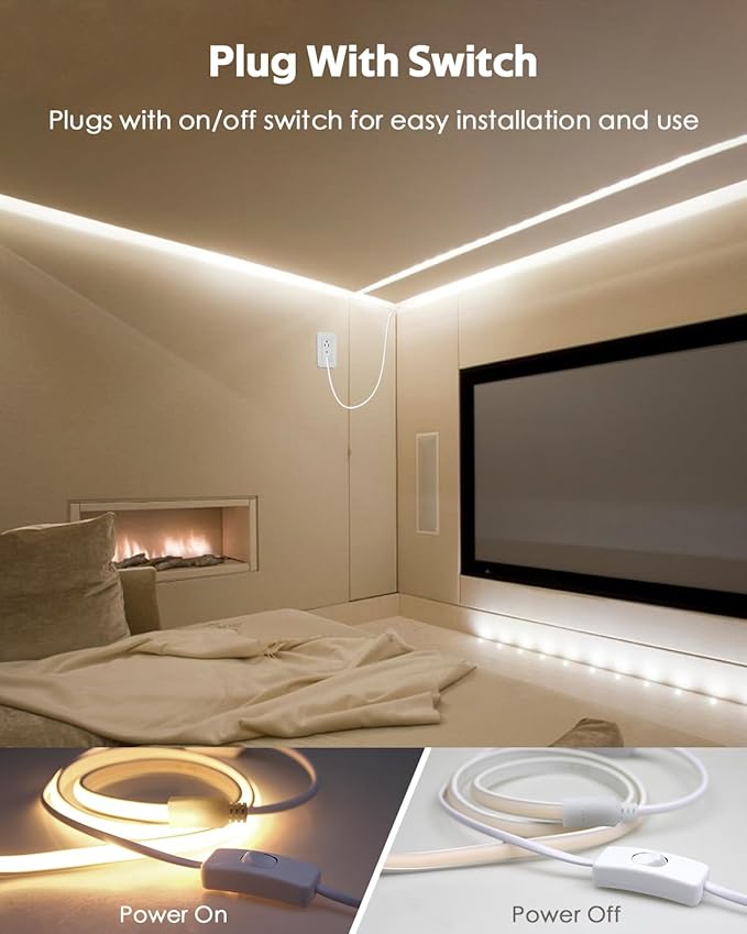 Outdoor COB LED Strip Light Waterproof 100FT/30M One Roll AC 110V LED Rope Light Warm White 3000K High Density 288Leds/M Flexible COB Strips Lighting with Switch Plug in for Bedroom Building Decor