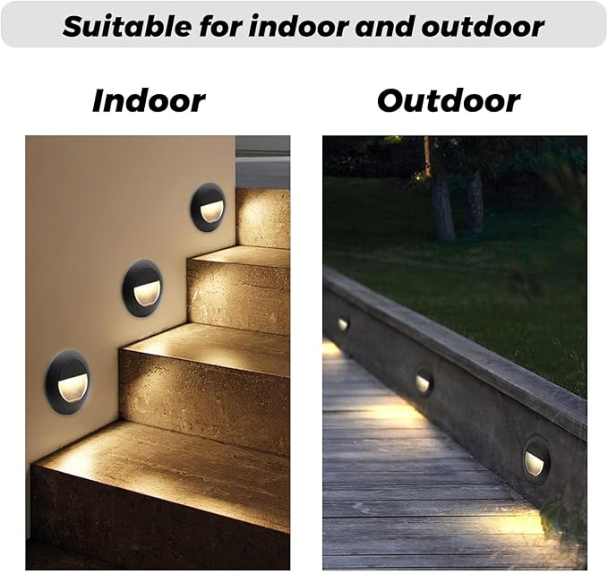 3W Recessed Wall Light, Round Stair Lights, Warm White Wall Light with Recessed Box, 230 V 65 mm Wall Lighting Aluminium Waterproof Staircase Recessed Step, Black (Pack of 4)