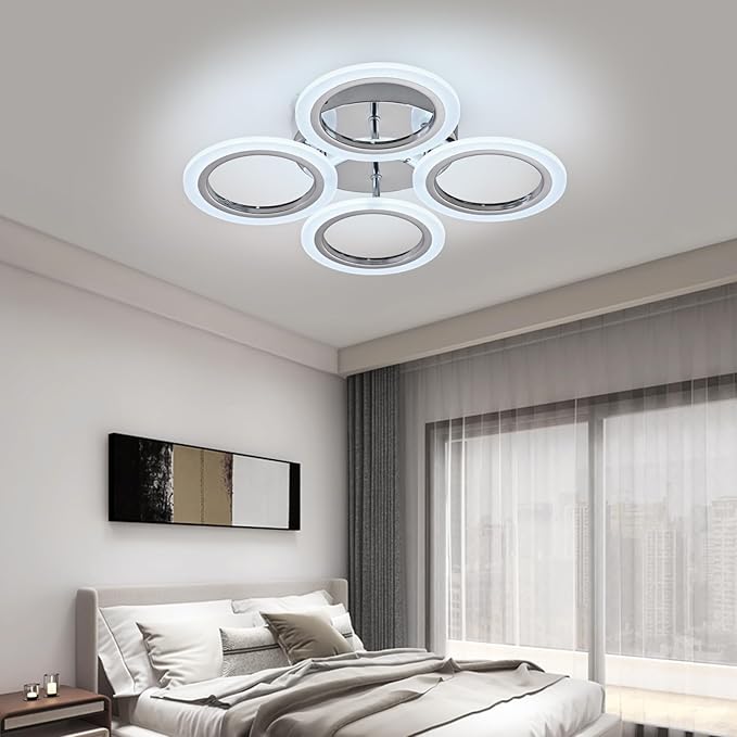 Modern LED Flush Mount Ceiling Light, 4 Rings, Chrome, 6000K for Bedroom, Dining, Living Room, Office