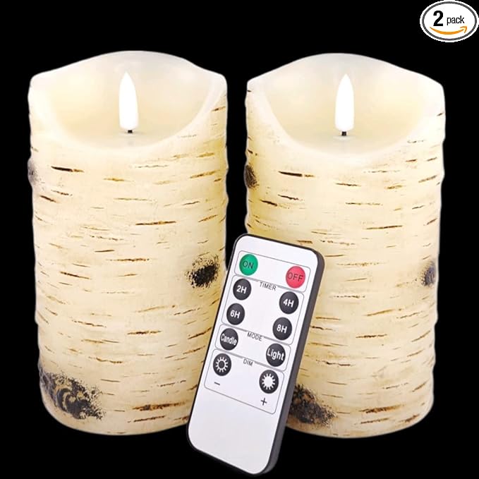 Flameless Candles LED Candles Birch Bark Effect Set of 2 (D:3.25" X H:6") Ivory Real Wax Pillar Battery Operated Candles with Dancing LED Flame 10-Key Remote Control and Cycling 24 Hours Timer…