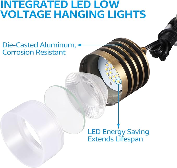 LEONLITE Low Voltage Hanging Lights, 12V Pendant Lights Outdoor, LED Landscape Hanging Lights for Gazebo Tree Porch, UL Listed, Aluminum, IP65, 320lm, 2700K Soft White, Brass Bronze, Pack of 4