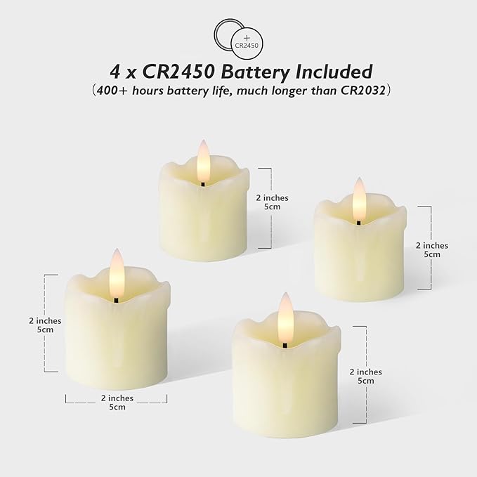 Rhytsing 2" Ivory Flameless Votive Candles Real Wax Dripping Design, LED Faux Battery Operated Tealight Candles with Timer for Christmas Wreath - Set of 4