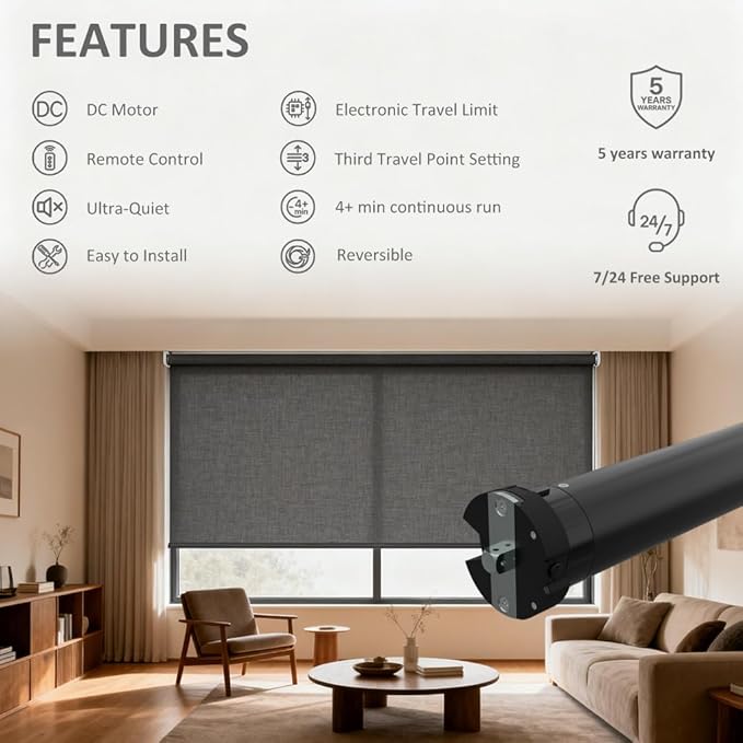 Wired Roller Shade Motor Kit with Remote Control, 35mm Electric Tubular Motor, High Torque Motorized Blinds Retrofit for Zebra, Roman Shades, 110V AC (10 N.m for Φ40mm (1.57") Round Tube)