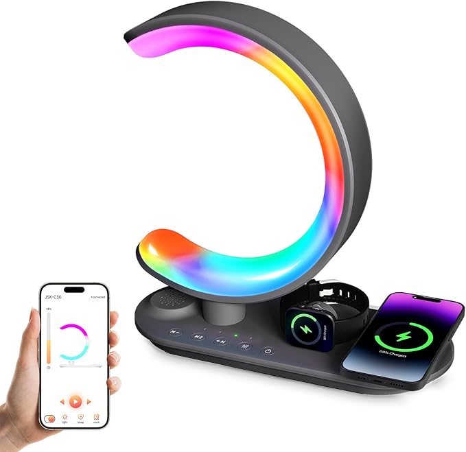 4 in 1 Bluetooth Speaker Night Light with Wireless Charger, Atmosphere Lamp with 24 Soothing Sounds, 16M+ Colors & App Control, Smart Light Sound Machine for Bedroom Home Decor (Grey)