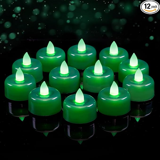 Amagic 12 Pack Green Flameless LED Tea Lights Candles Battery Operated, Electric Fake Tealight Candles for Party, Wedding, Table Centerpiece, Home Decor, Mardi Gras, Halloween, Christmas, St. Patrick
