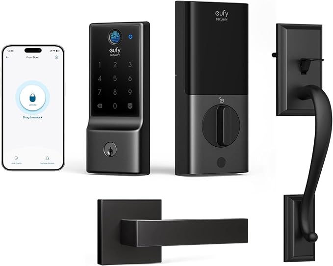eufy Security Smart Lock C220 Front Door Handle Set, Fingerprint Keypad Door Lock with Handle, Built-in Wi-Fi, App Control, Keyless Entry Deadbolt, 8 Months Battery, IP53 Waterproof, BHMA Certified