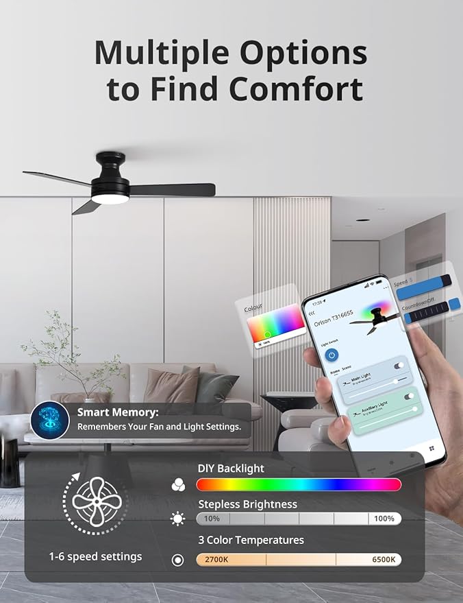 Orison Smart Ceiling Fans with Lights – 42" Low Profile Flush Mount, RGB Backlight & Dimmable LED, Alexa & Google Compatible, 6-Speed Reversible, App & Remote Control, Quiet & Energy Saving, Black