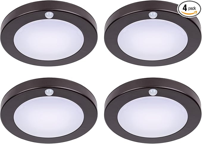 LIT-PaTH LED Flush Mount Ceiling Light, Closet Lighting Fixture with Motion Sensor, 10.5W, 700 Lumen, 6.2 Inch, Anti-Rust Galvanized Housing, Bronze Finish 5000K 4-Pack