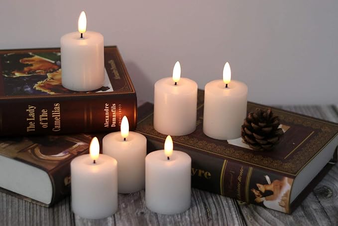 Eldnacele Flameless Flickering Votive Candles with Timer, Battery Operated Real Wax Realistic Black Wick LED Pillar Candle D2” x H3” Set of 6 White(Battery Included)