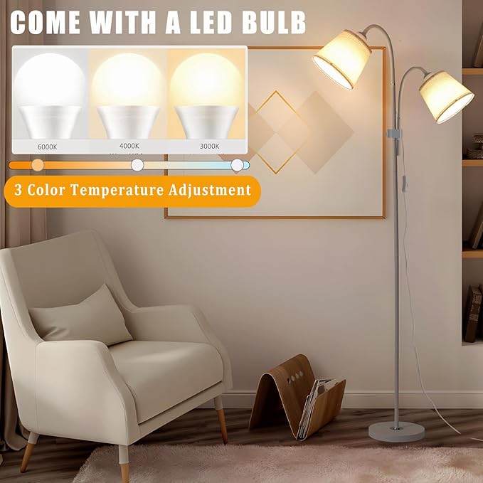 AoMck Floor Lamp, Industrial Metal Floor Lamps for Living Room with Adjustable Bendable 2 in 1 Reading Table Lamps for Living Room Bedroom Office (W2+Linen)