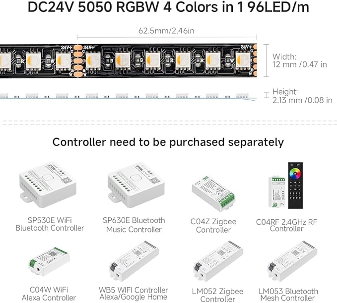 BTF-LIGHTING 5050 RGBW RGB+Warm White(2700K-3000K) 4 Colors in 1 LED 5m 16.4ft 96LED/m DC24V Multi-Colored LED Tape Lights IP65 Waterproof Black 12mm PCB for Home Decoration(No Adapter or Controller)