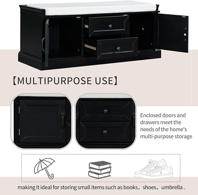 GDFStudio Rustic Storage Bench with 4 Doors 2 Draws Adjustable Shelves Removable Cushion Rectangular Cabinet Foot Rest Stool Solid Wood Shoe Bench Seating for Entryway Living Room, Black