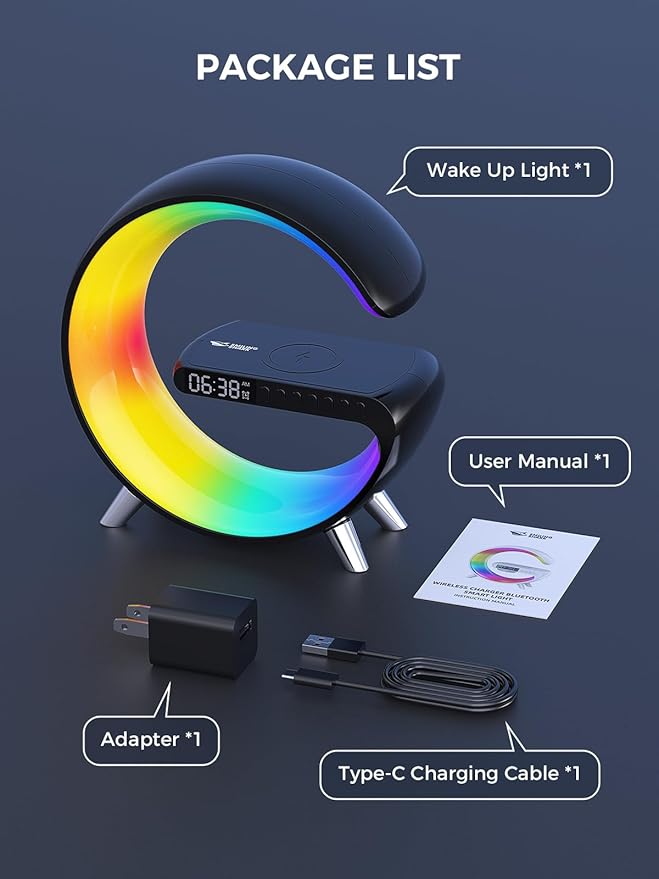 Smiling Shark Wake Up Light, Wireless Charger Atmosphere Desk Light with Bluetooth Speaker White Noise App Control Dimmable Sunrise & Sunset Simulation Dual Alarm Clock Smart Light for Home Decor