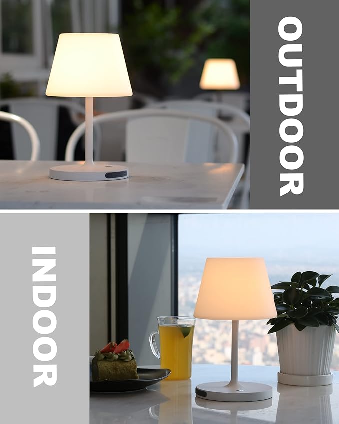 Outdoor Battery Operated Table Lamp Waterproof, 4000mAh Cordless Table Lamp Rechargeable, Touch Dimmable Desk Lamp, LED Night Light for Patio Camping Restaurant Home, H9.6in, White