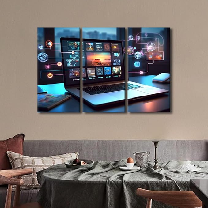 Wall Pictures for Living Room 3 Panels Digital Collaboration Tools Concepts Pictures Poster for Home Wall Decorations, Wooden Framed Gallery-Wrapped Ready to Hang, 42" Wx28 H