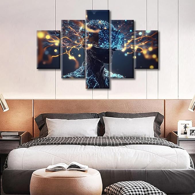5 Pieces Canvas Prints Artificial Intelligence Technology Wall Art Modern Home Decor Brain Neural Human Head Poster Living Room Bedroom Decoration Artwork Painting Framed Ready to Hang, (60"Wx40"H)