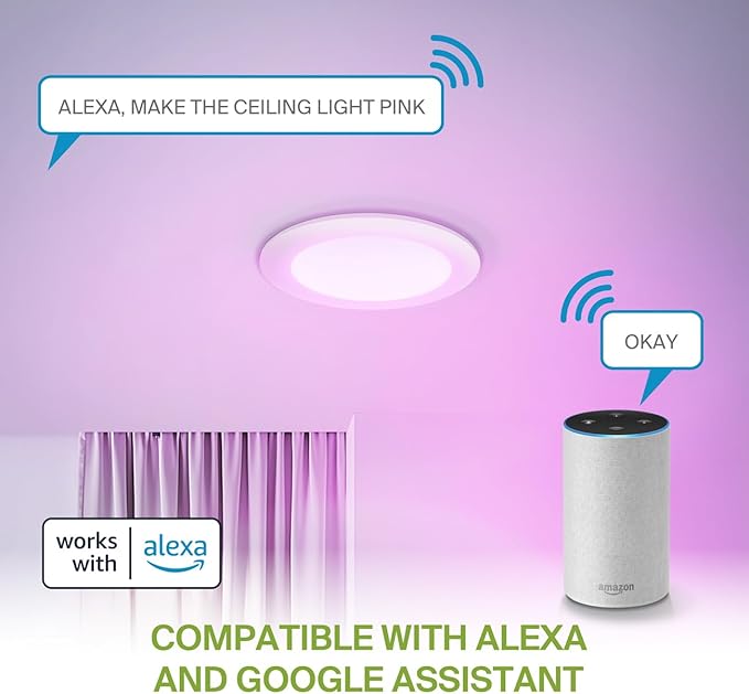 ASD 6 Pack LED Smart Recessed Lighting 6 Inch 15W, RGBW Color Changing Lights, Compatible with Alexa & Google Assistant, Dimmable 2700K-6500K Selectable RGB Lights, WiFi Bluetooth Ceiling Light, ETL