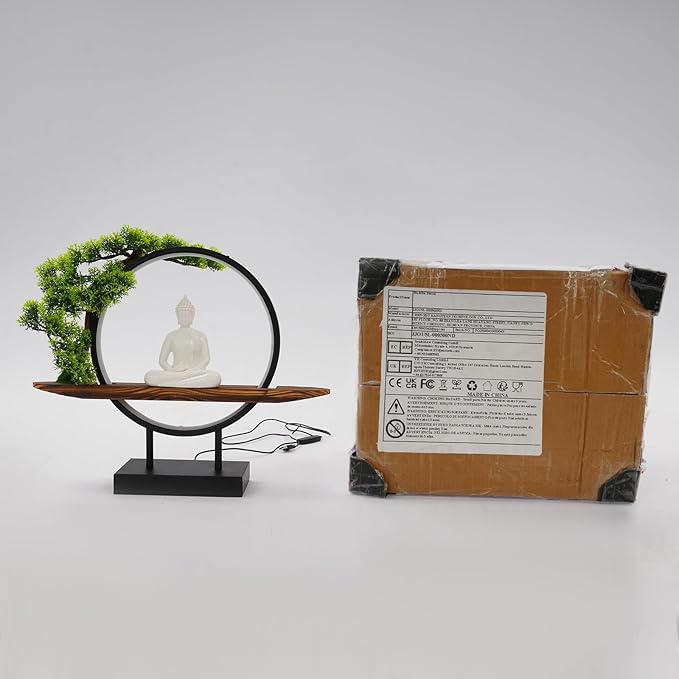 Buddha Statue Lamp with LED Light, 16.5in Zen Decor for Office Desk, Mindfulness Gift for Meditation Space, Indoor Home Decor Figurine with Artificial Tree