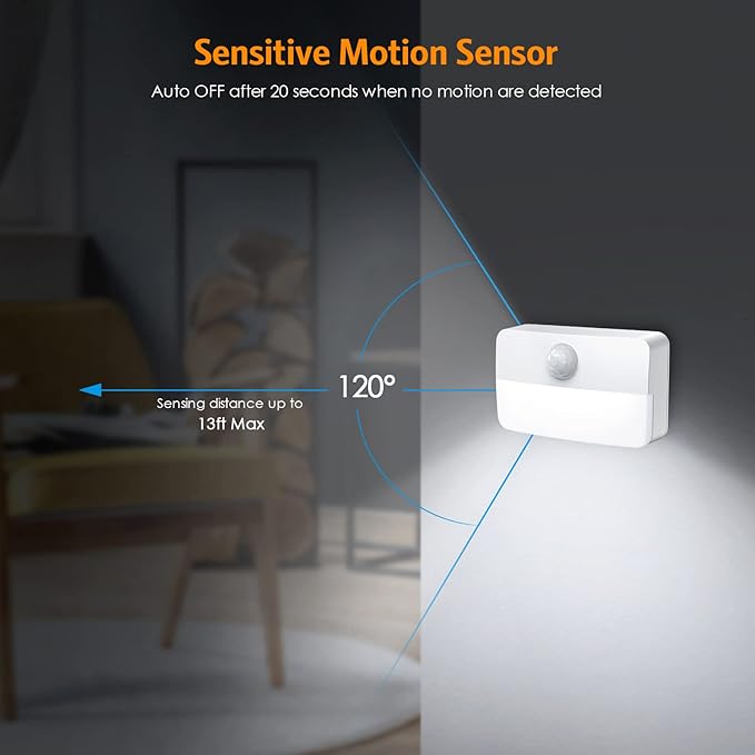 JXTZ 【2 PACK】 Motion Sensor Night Light, Stick-On Motion Sensor Lights Indoor, Battery Powered Under Cabinet Kitchen Lights with Adhesive Pads, Auto/On/Off for Cupboard Wardrobe Stair Kitchen