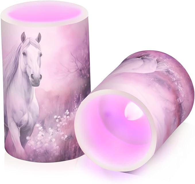 White Horses in Pink Field Flameless Candles Color Changing LED Candles with Remote Control Battery Candles for Outdoor and Indoor Home and Room Decoration, 3'' x 4''/5'' Set of 2 Pieces