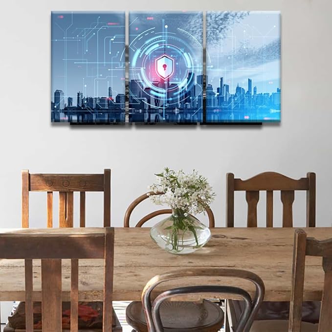 LSIUHWUWI 3 Panel Wall Art Internet Security and Global Protection Poster on Canvas,for Home Office Decoration,Digital Cybersecurity Concept Artwork Stretched Framed Ready to Hang, 16x24inchx3